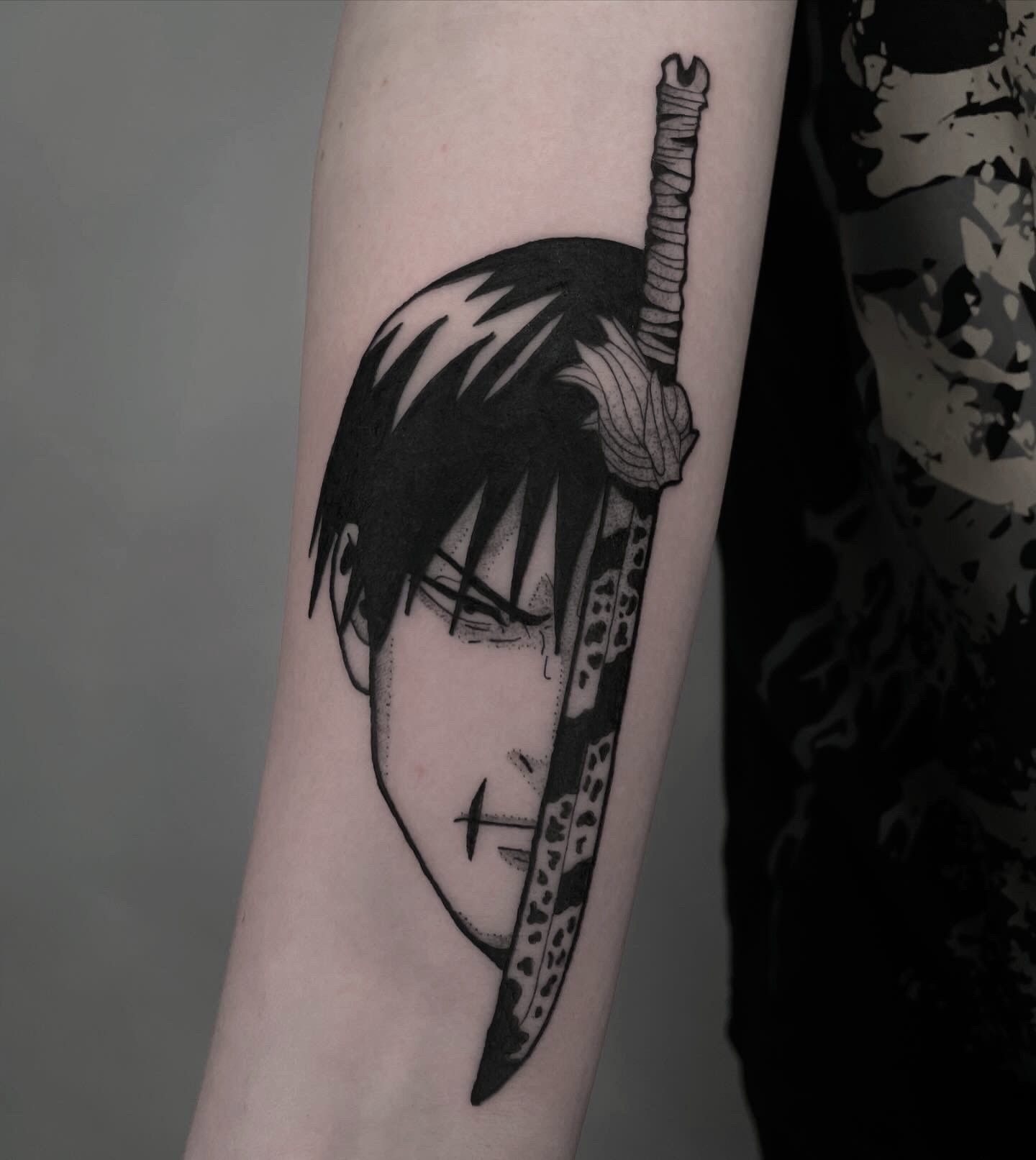 Black ink anime style Jujutsu Kaisen tattoo of a Toji with a katana sword, fine line and dotwork tattoo, illustrative dark tattoo style