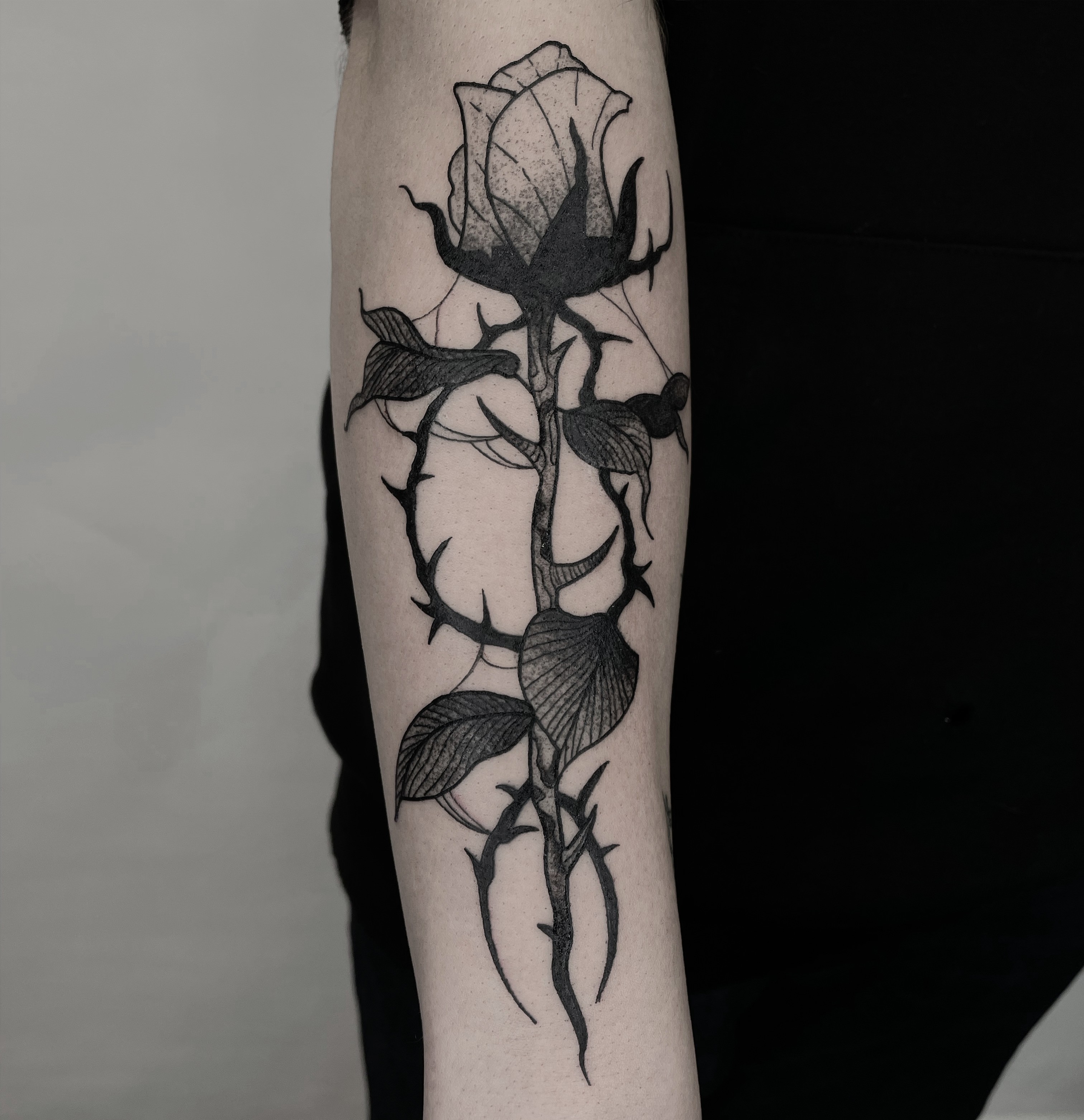 black rose tattoo with thorns in fine line and blackwork style